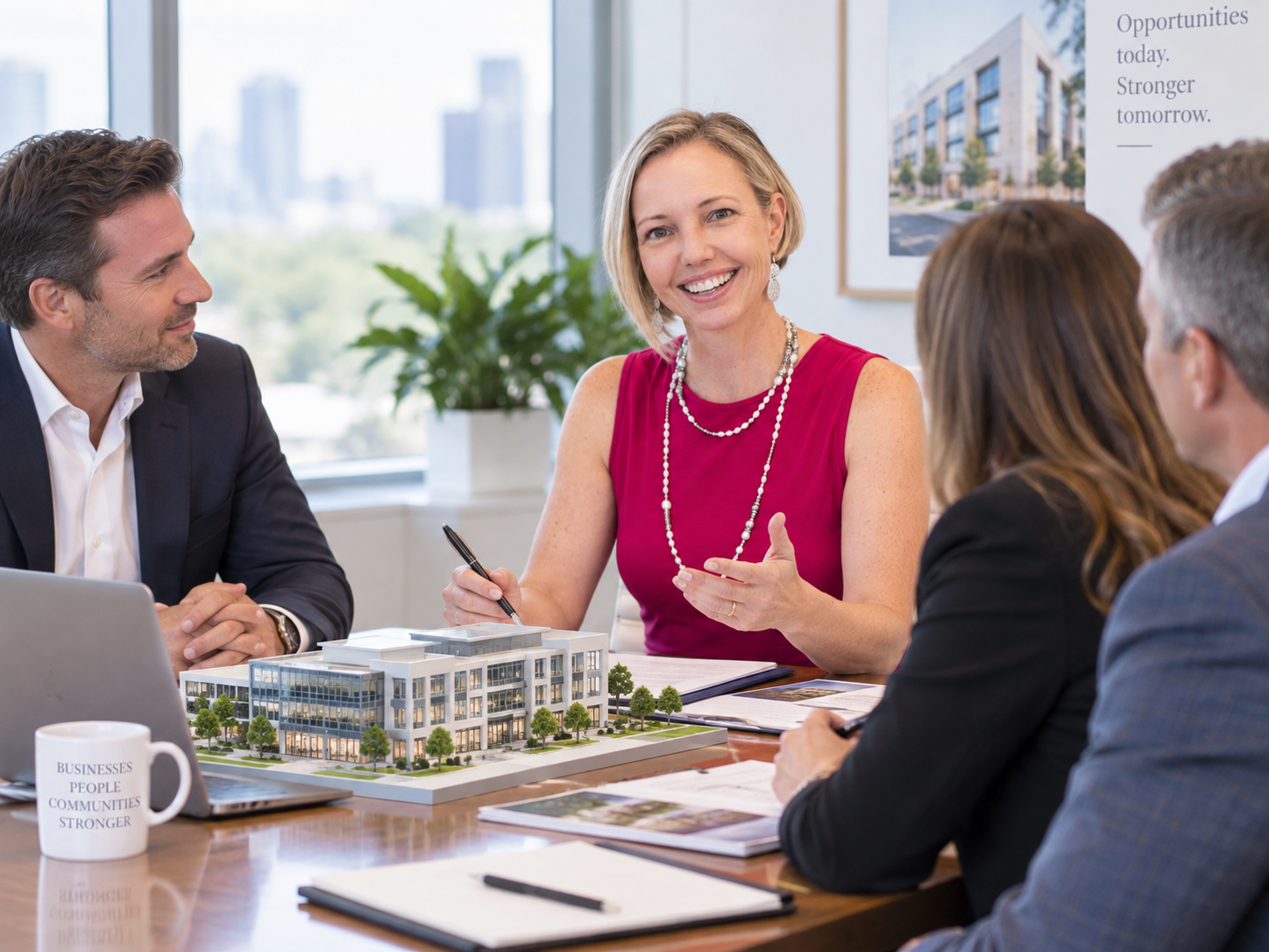 Cheryl-Dene in a business strategy meeting with clients around a boardroom table